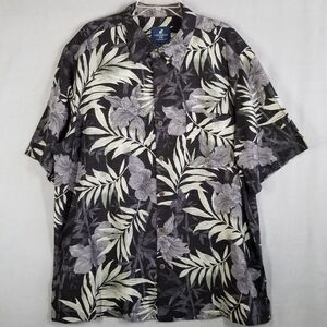 Caribbean Joe Men's Vintage 2XL Shirt Silk Black Gray Floral Pocket Leaves‎